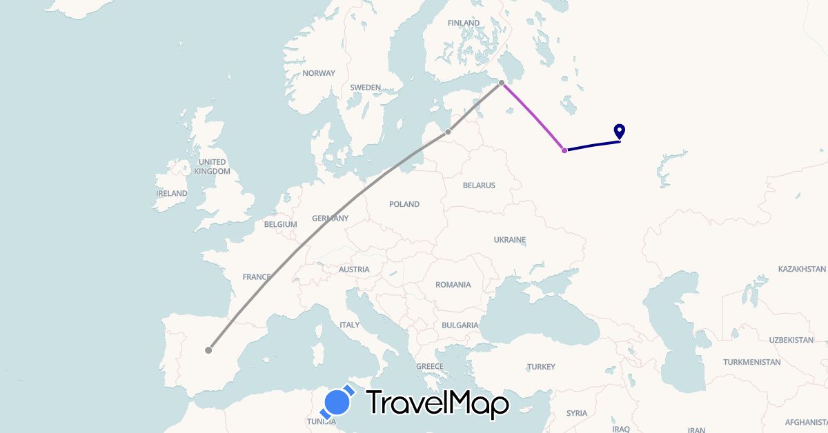TravelMap itinerary: driving, plane, train in Spain, Latvia, Russia (Europe)